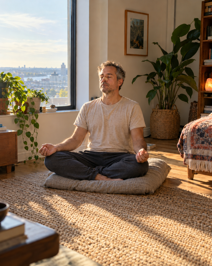 Generated lifestyle illustration: Quiet meditation at home wearing a beige nasal strip