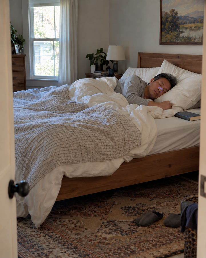 Generated lifestyle illustration: Adult resting in a bedroom wearing a lavender nasal strip