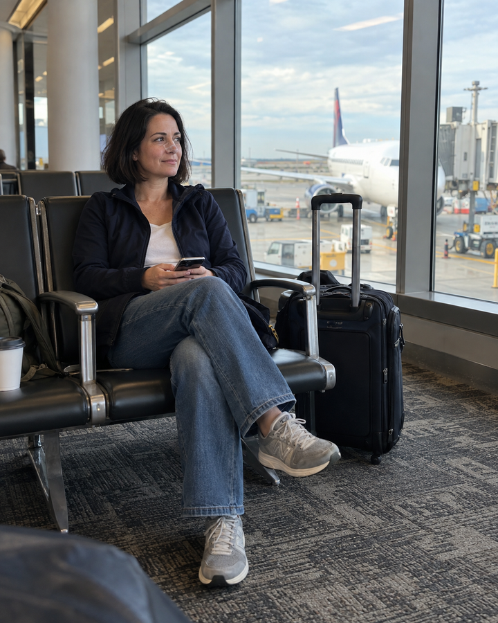 Generated lifestyle illustration: Waiting at an airport wearing a clear nasal strip