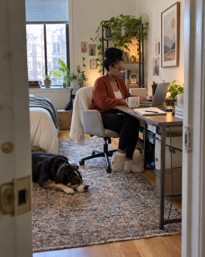 Generated lifestyle illustration: Working at a desk wearing a beige nasal strip