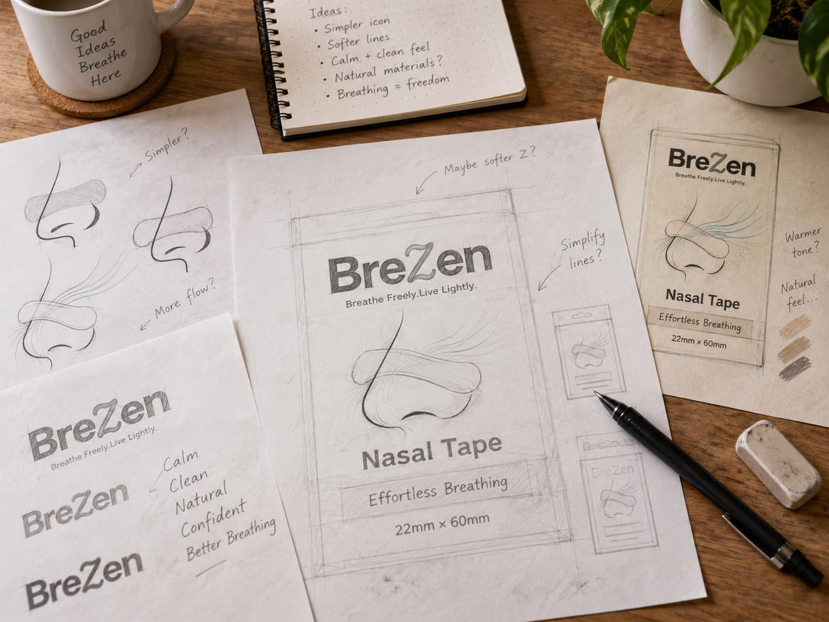 BreZen packaging design concepts and sketches on a wooden desk